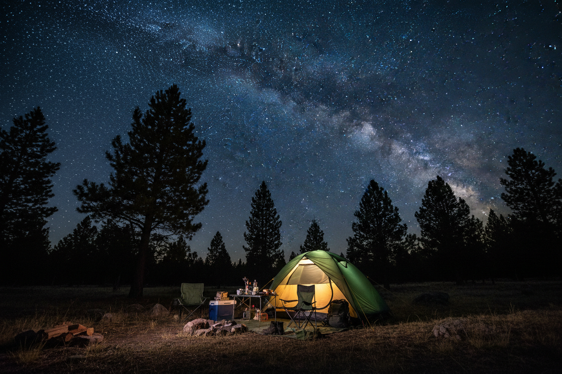 First-time camping setup with a tent glowing under the stars at night